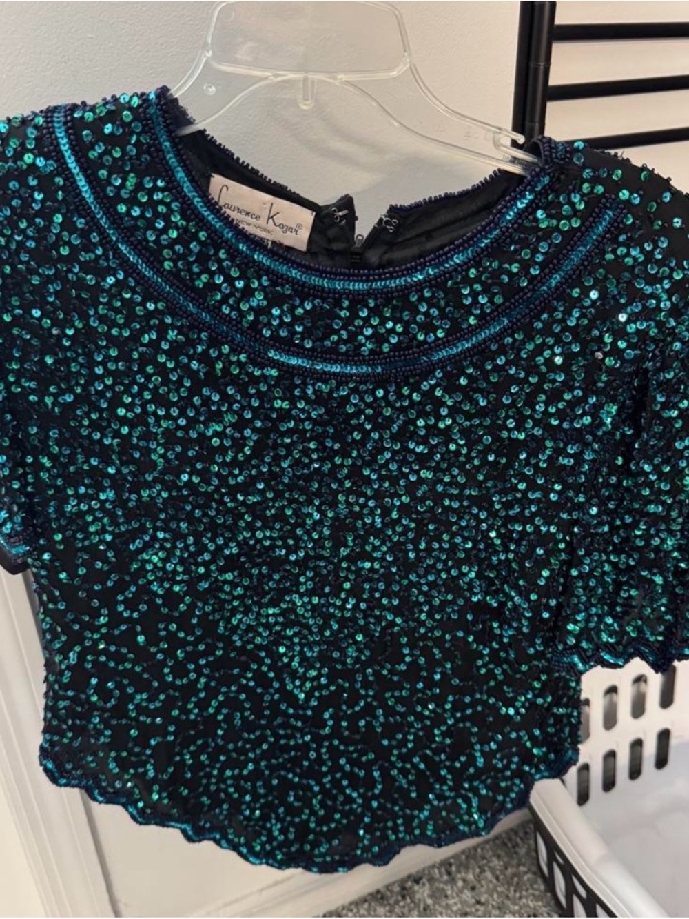 Laurence Kazar Black Crop Top with Teal Sequins